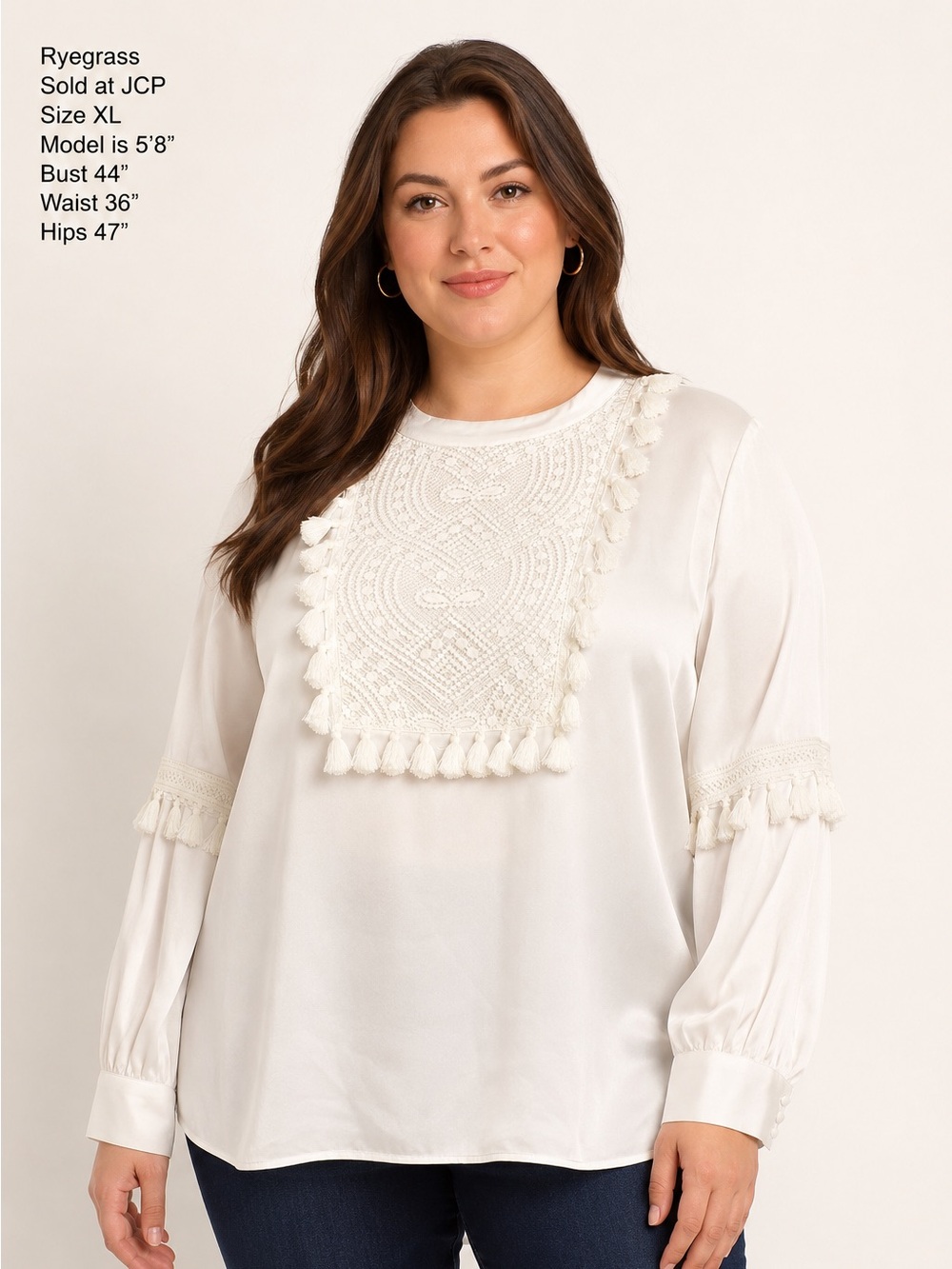 NWT Ryegrass Boho Tassel Lace Blouse XL Ivory Long Sleeve Top